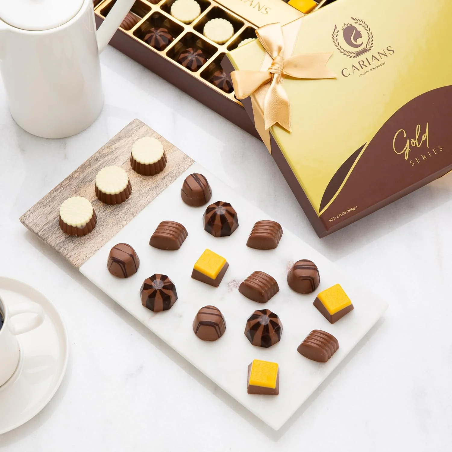 Carians Assorted Chocolate Gold Gift Box, Brown Ribbon - Image 6